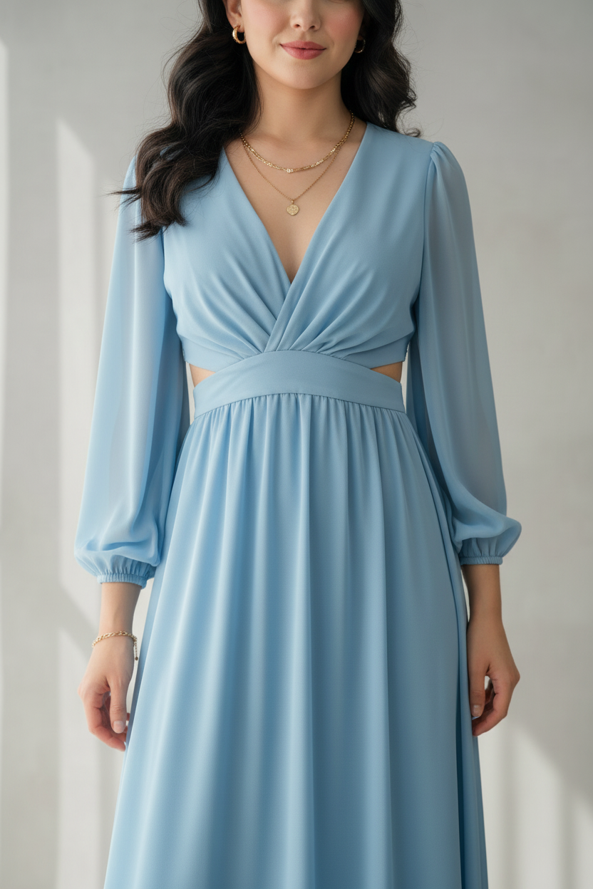 Vestido Sky Blue – Gown Azul Cielo Manga Larga Escote V con Abertura en Cintura cod.685