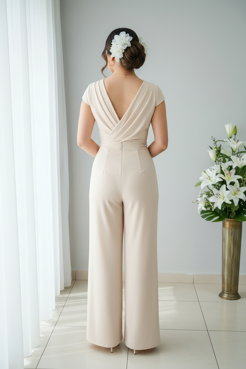 Enterizo Nude Drapeado con Perlas y Pierna Ancha cod.E546