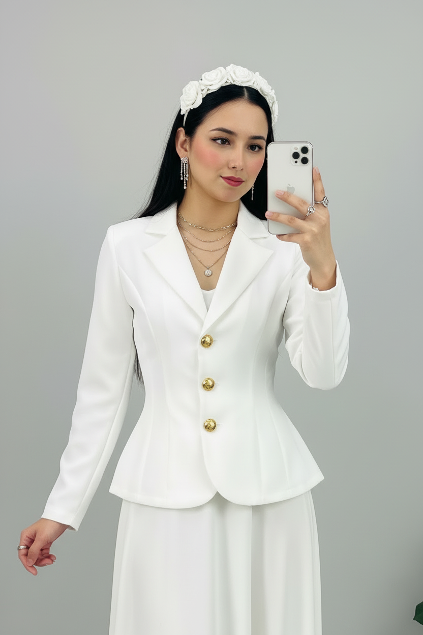Conjunto Formal Blanco Blazer con Botones Dorados y Falda Maxi cod.501