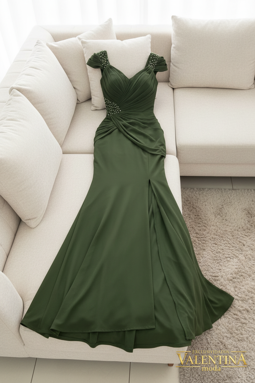 Vestido Verde Olivo Sirena con Perlas y Abertura Frontal cod.V510