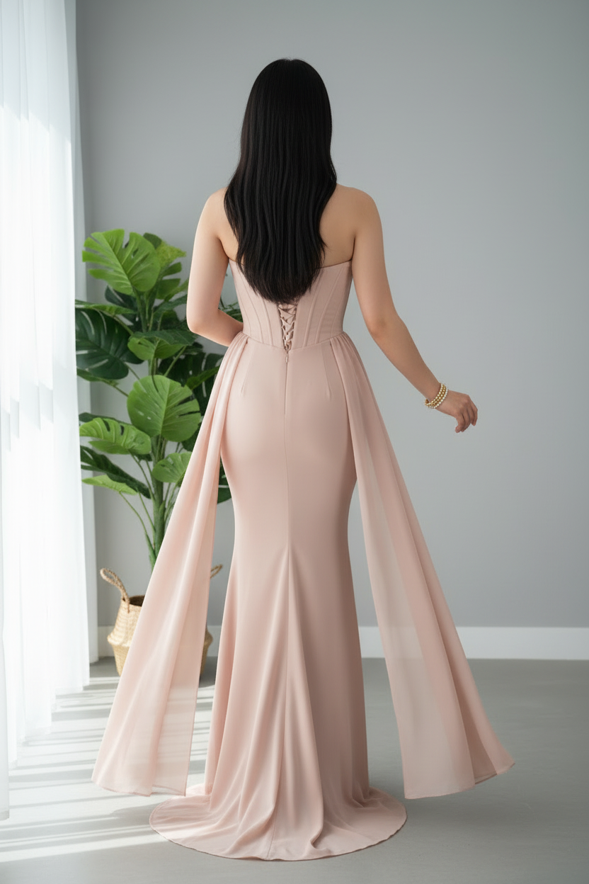 Vestido Nude Champagne Strapless Corset Capa Chiffon Sirena cod.V697