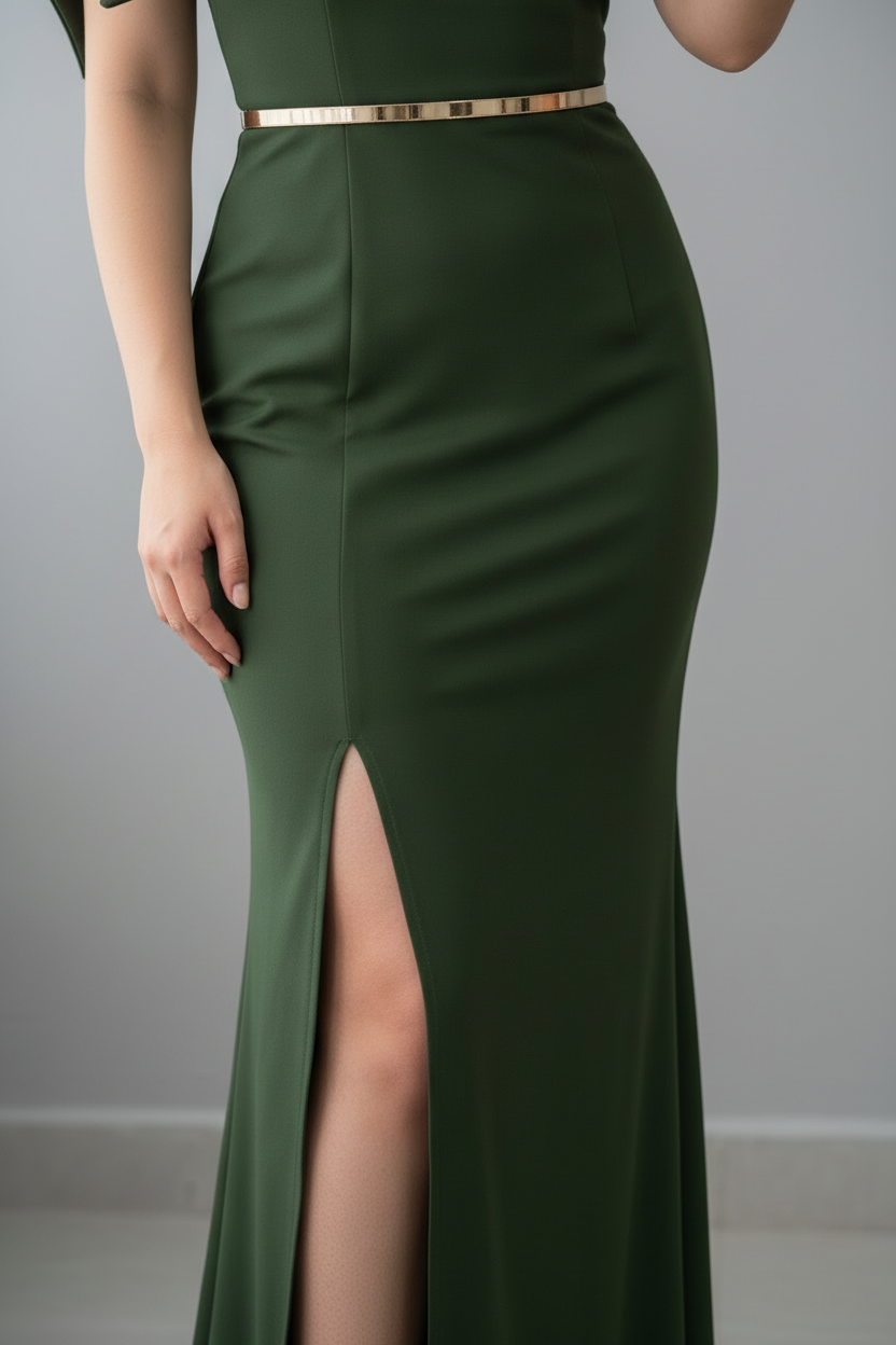 Vestido Verde Militar Un Hombro con Moño y Cinturón Dorado cod.728