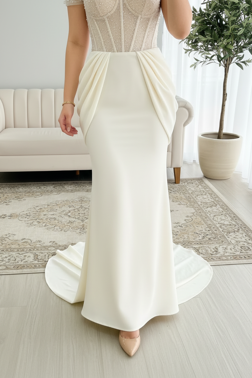 Vestido de Novia Corset de Tul con Perlas y Falda Sirena Blanca cod.V610