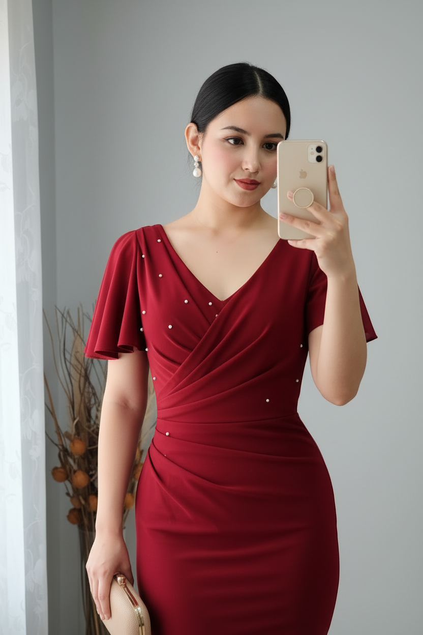 Vestido Rojo Vino Escote V Mangas Mariposa Perlas cod.V315