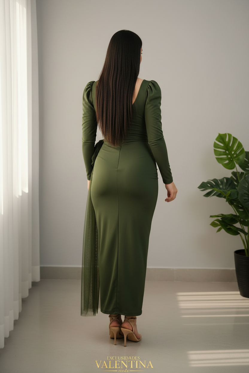 Vestido Verde Olivo Rosa D3 cod.V724