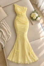 Vestido Amarillo Pastel Tul Drapeado Perlas Mariposas 3D Lazo cod.V0041