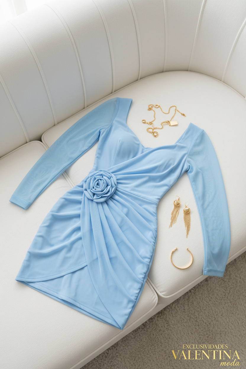 Vestido Corto Azul Cielo Rosa 3D Manga Tul cod.V711