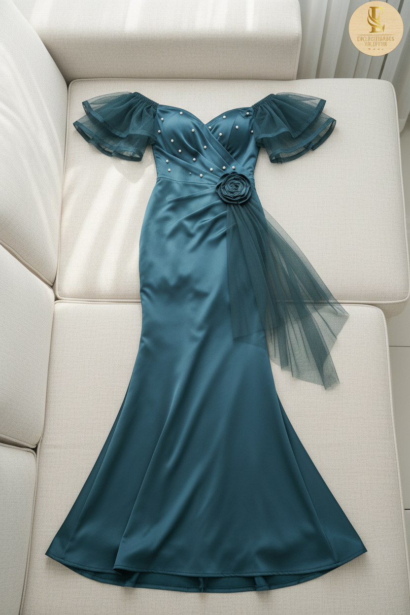 Vestido Verde Petróleo Off-Shoulder Mangas Tul Dobles Perlas Rosa 3D Cola Tul y Falda Sirena cod.779