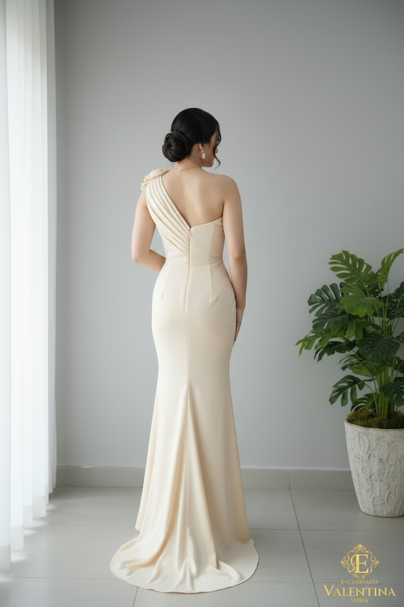 Vestido Champagne Un Hombro Rosa 3D Sirena cod.922