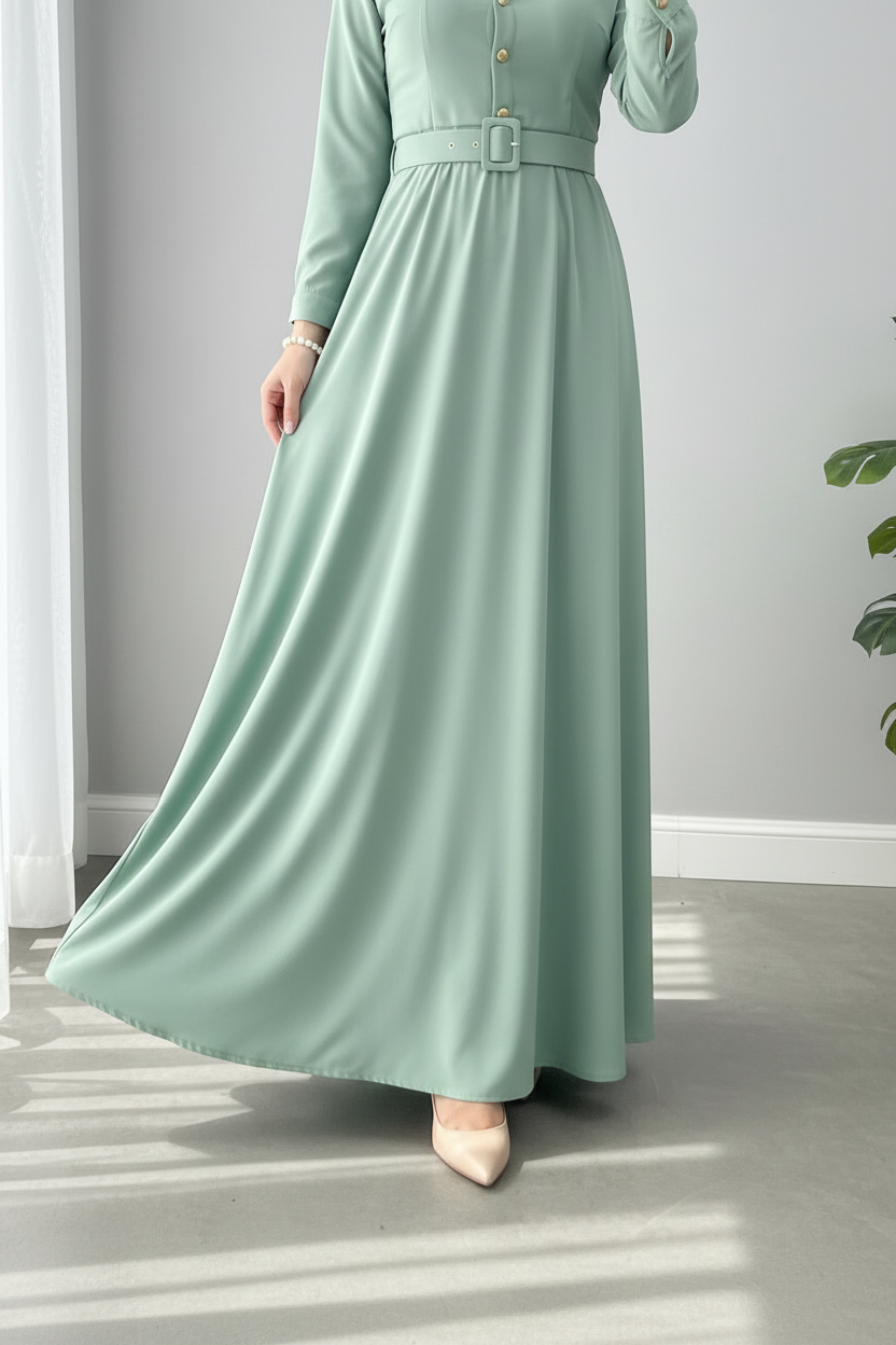 Vestido Verde Menta Liso Manga Larga Cuello Camisero Cinturon A-Line cod.825