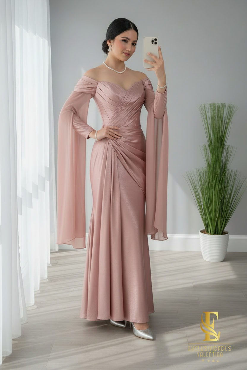 Vestido Rosa Palo Satén Off-Shoulder con Mangas Campana cod.667