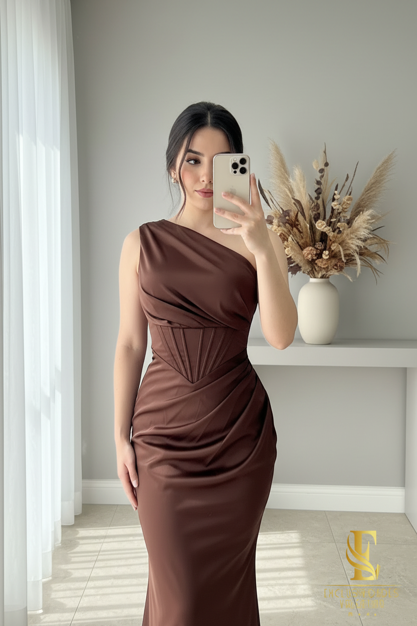 Vestido Sirena Chocolate | Un Hombro y Corsét cod.V437