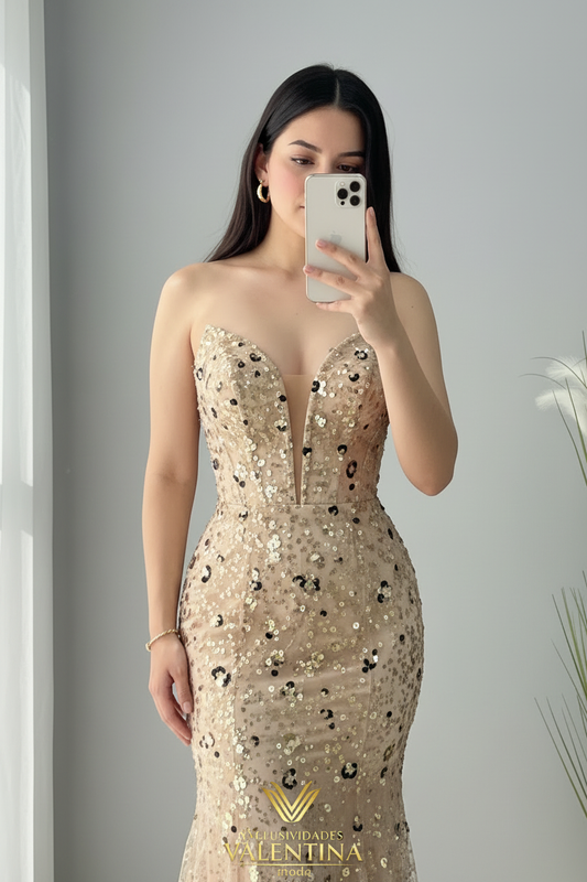 Vestido Sirena Dorado Lentejuelas cod.V725