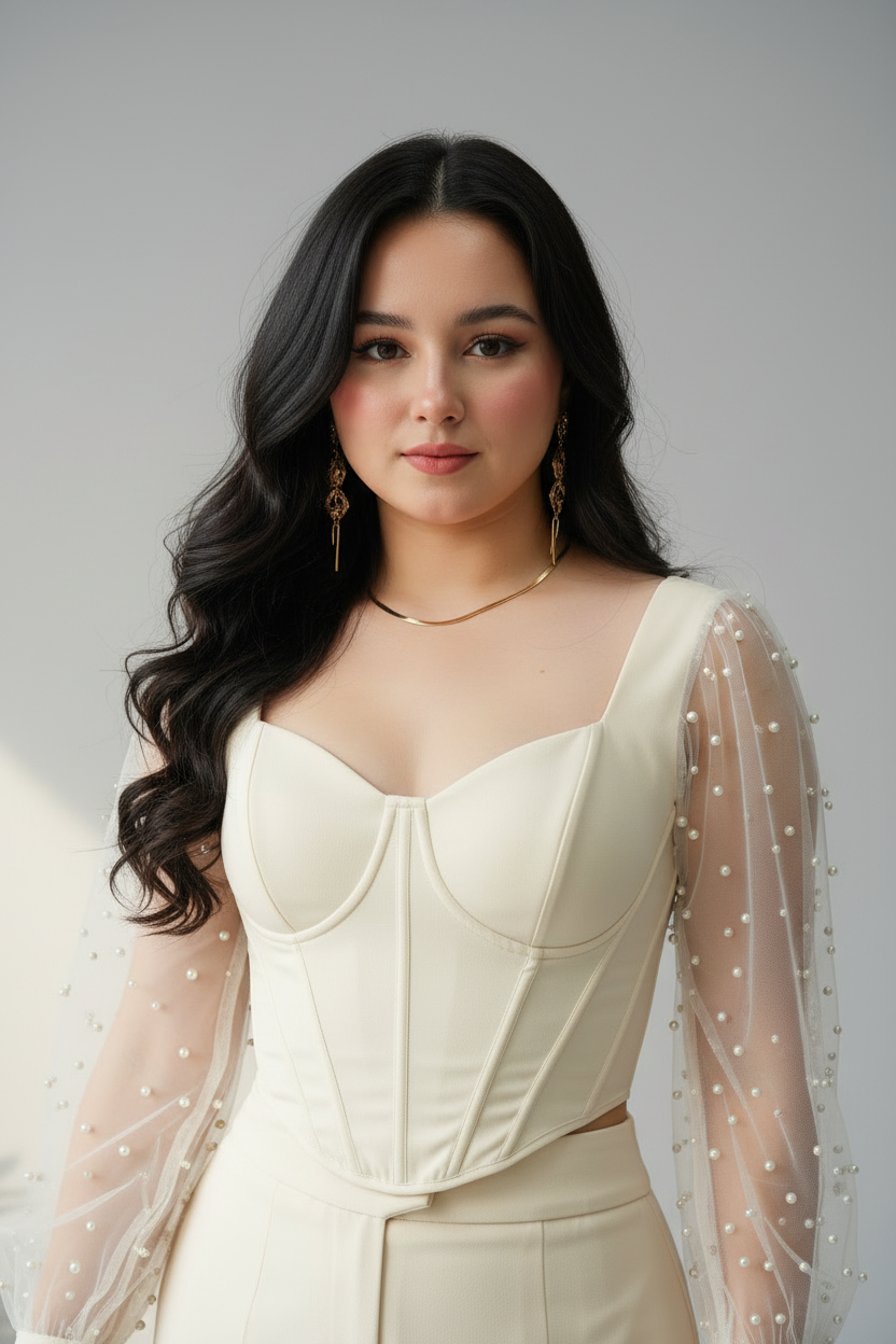 Conjunto Crema Corset con Mangas Tul de Perlas y Pantalón Acampanado cod.654