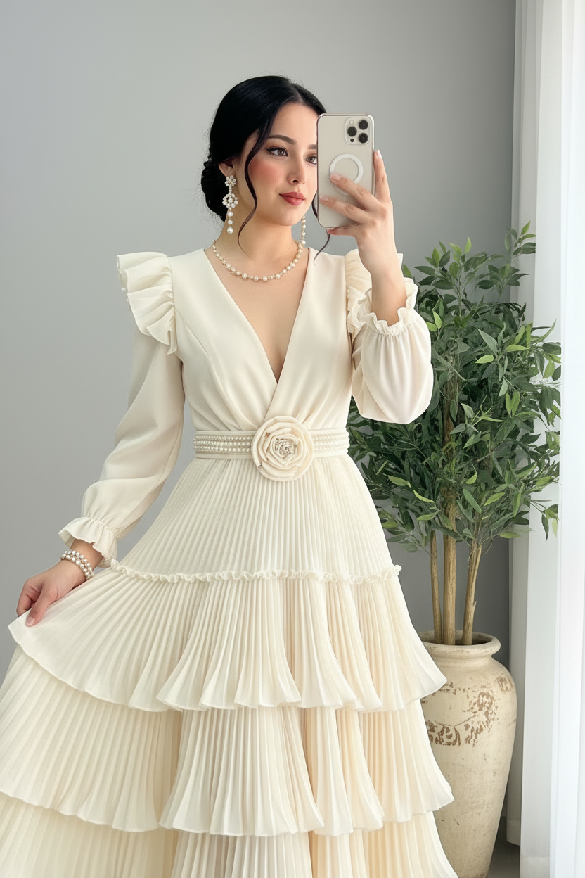Vestido Crema Marfil Escote V Hombros Flutter Rosa 3D Perlas Capas Plisadas cod.832