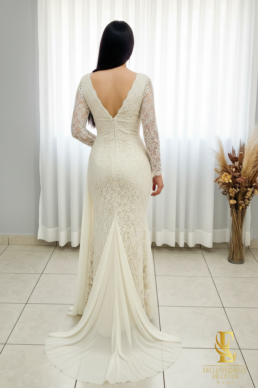 Vestido Ivory Encaje Floral Manga Larga con Tul Drapeado cod.V285