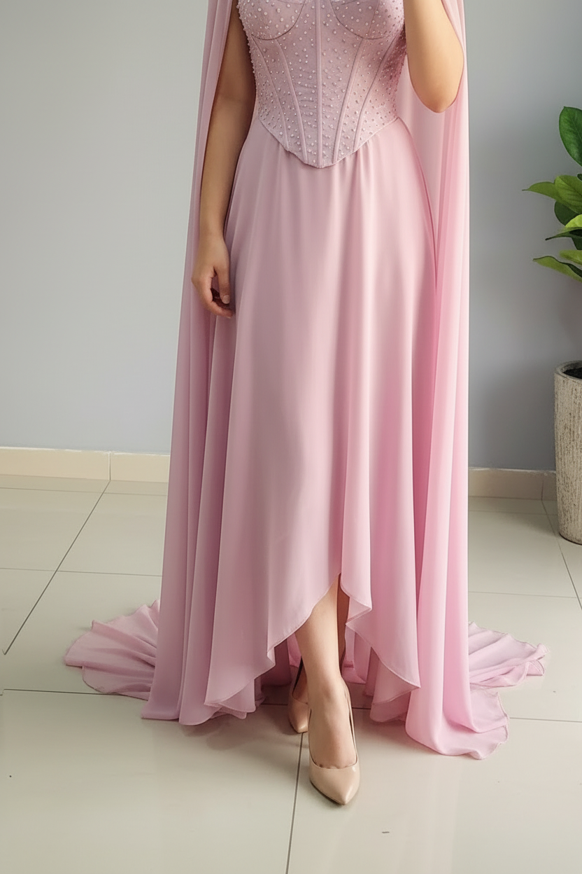 Vestido Pink Pearl Cape – Gown Rosa con Corset de Perlas & Capa cod.676