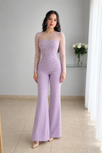 Enterizo Lila Tul Perlas Manga Larga Pantalón Bootcut cod.E0003