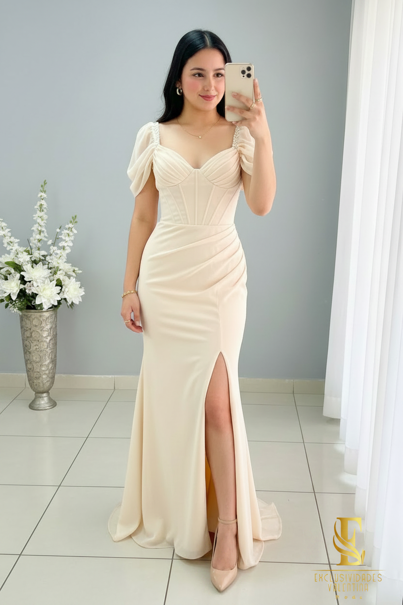 Vestido Sirena Champagne | Corsé con Tirantes de Pedrería y Manga Burbuja cod.V505