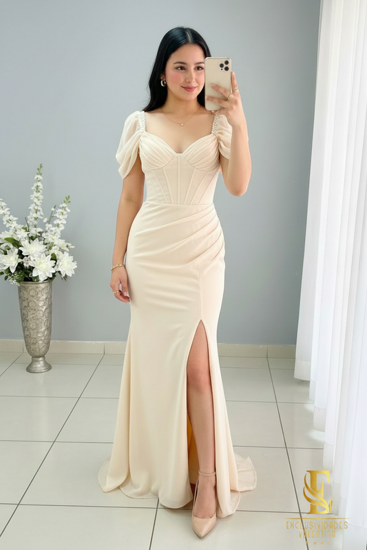 Vestido Sirena Champagne | Corsé con Tirantes de Pedrería y Manga Burbuja cod.V505