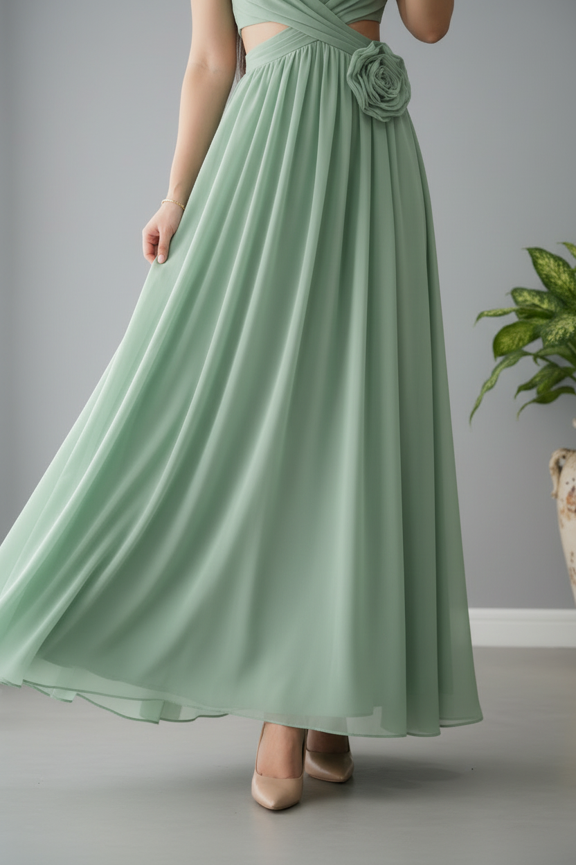 Vestido Verde Salvia Maxi Gasa con Rosa D cod.952