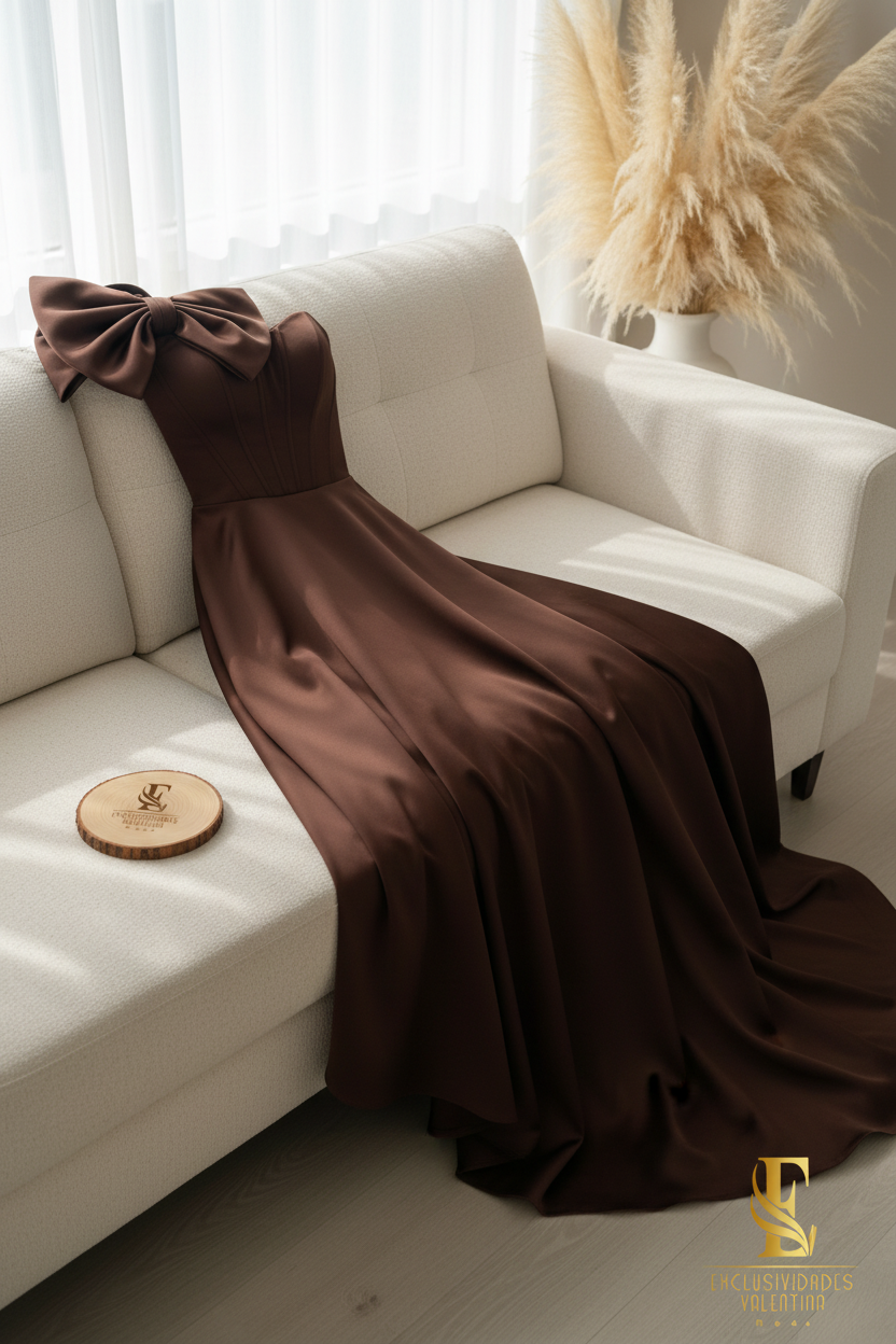 Vestido Chocolate Satén Moño Corsé High-Low cod.0098