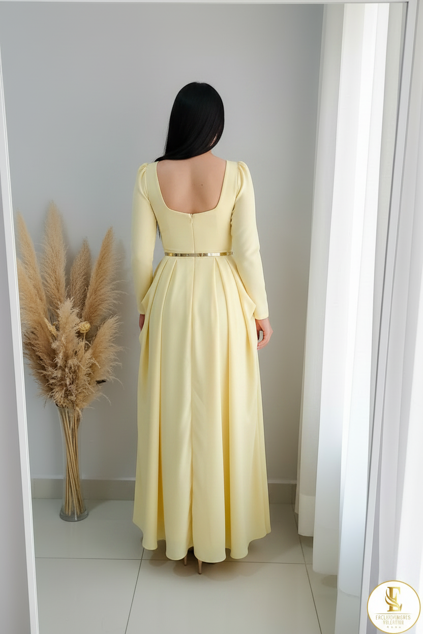 Vestido Amarillo Pastel Rosa 3D Cinturón Dorado cod.V388
