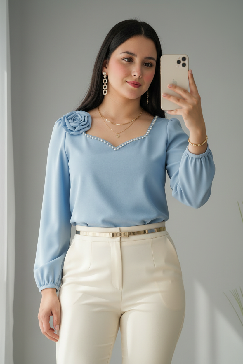 Blusa Azul Cielo con Rosa 3D y Perlas en Escote cod.B608