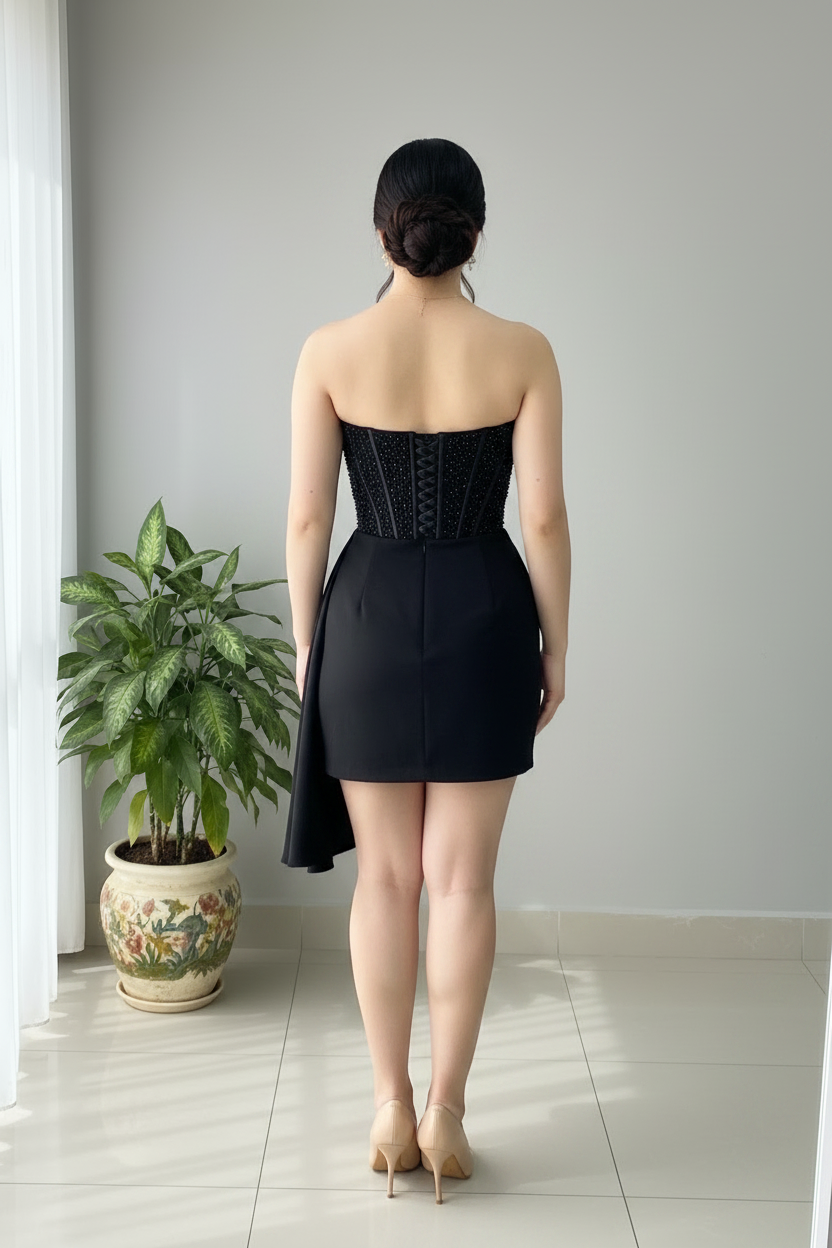 Vestido Negro Corset con Pedrería cod.944
