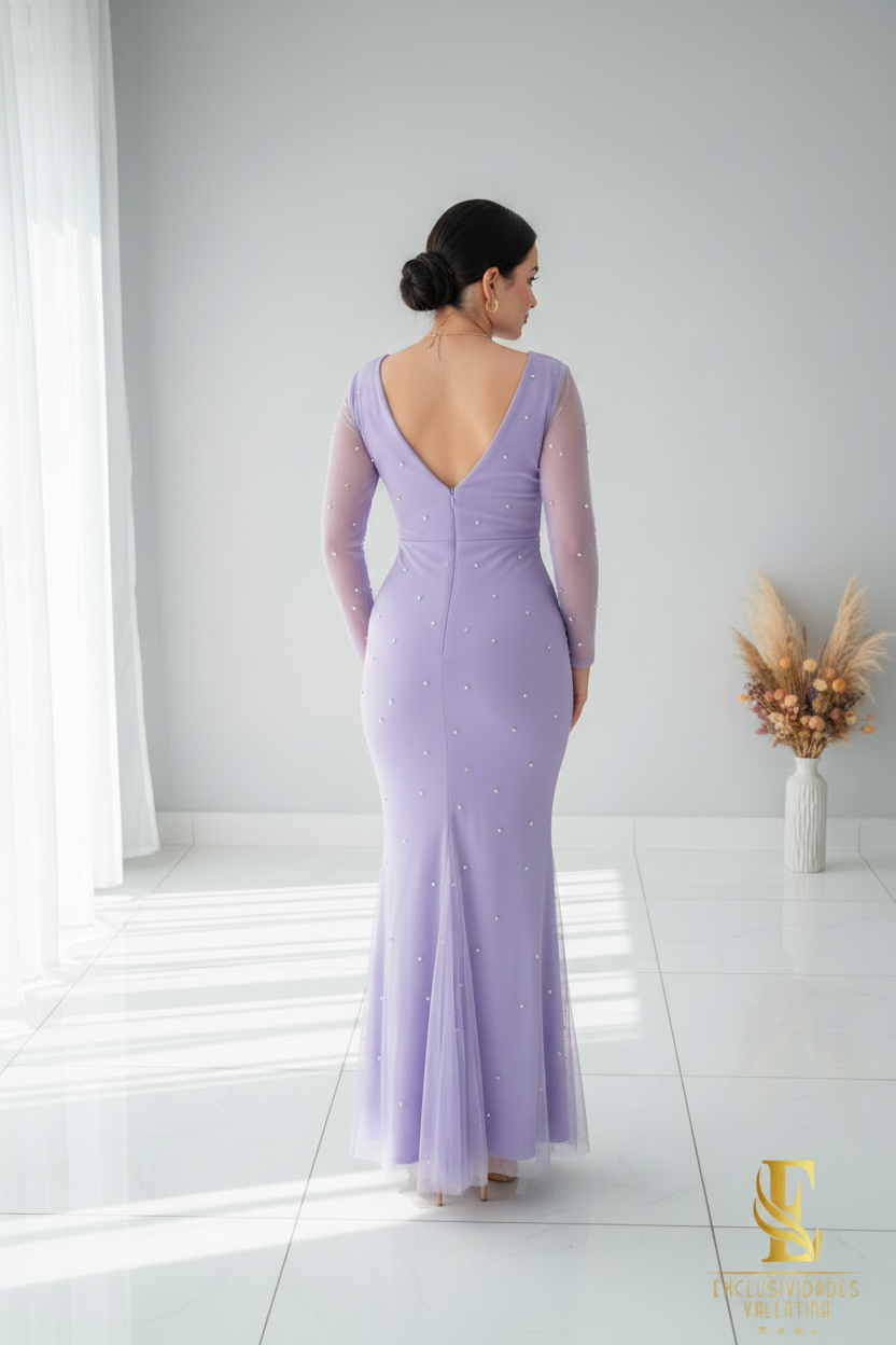 Vestido Lila Sirena con Perlas V357