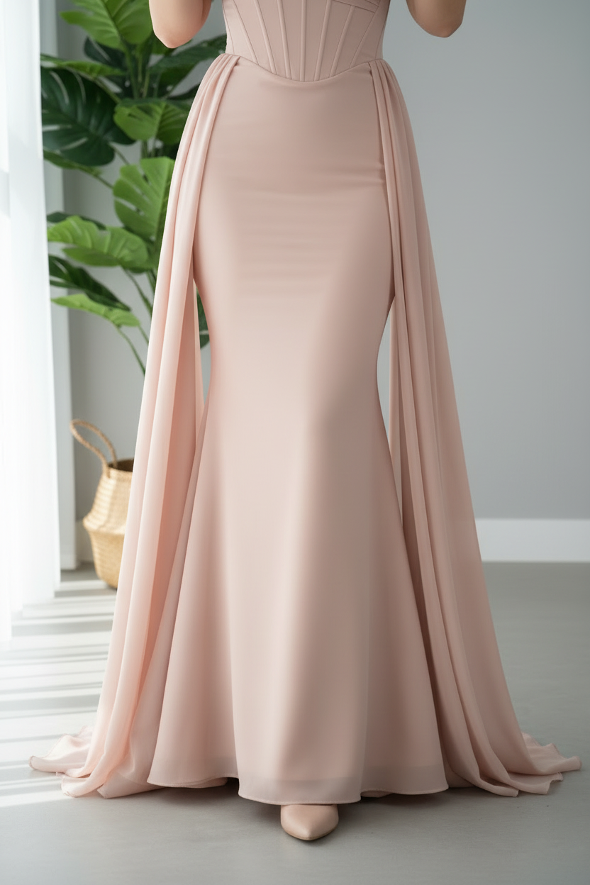 Vestido Nude Champagne Strapless Corset Capa Chiffon Sirena cod.V697