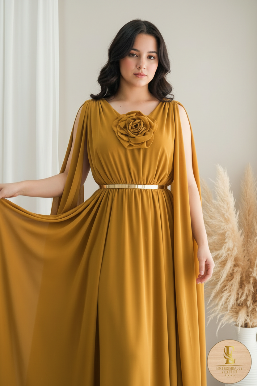 Vestido Mostaza Chiffon Mangas Abiertas Rosa D cod.0096