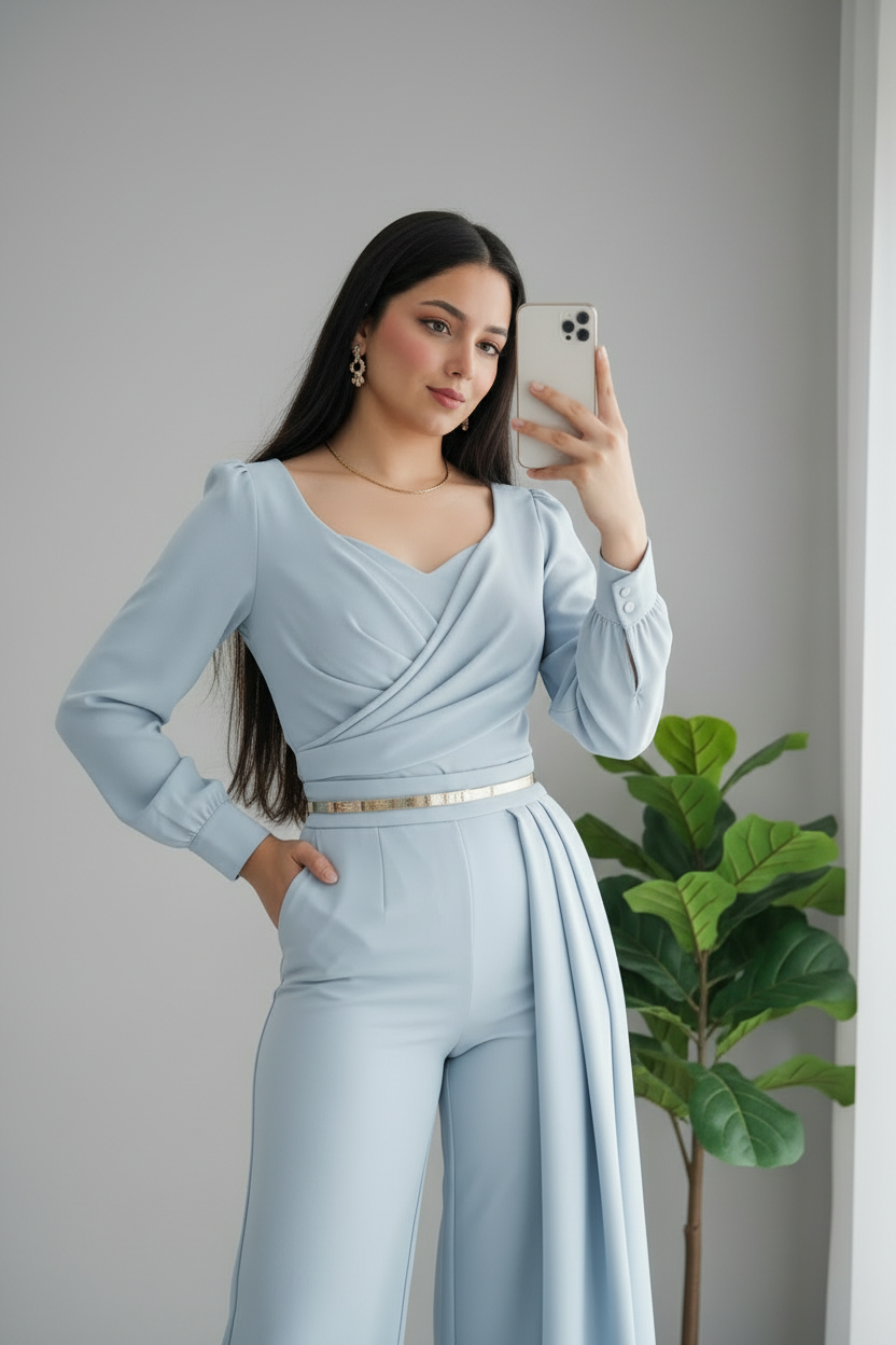 Conjunto Sky Blue Palazzo – Top Cruzado Drapeado Manga Larga + Pantalón Palazzo cod.694