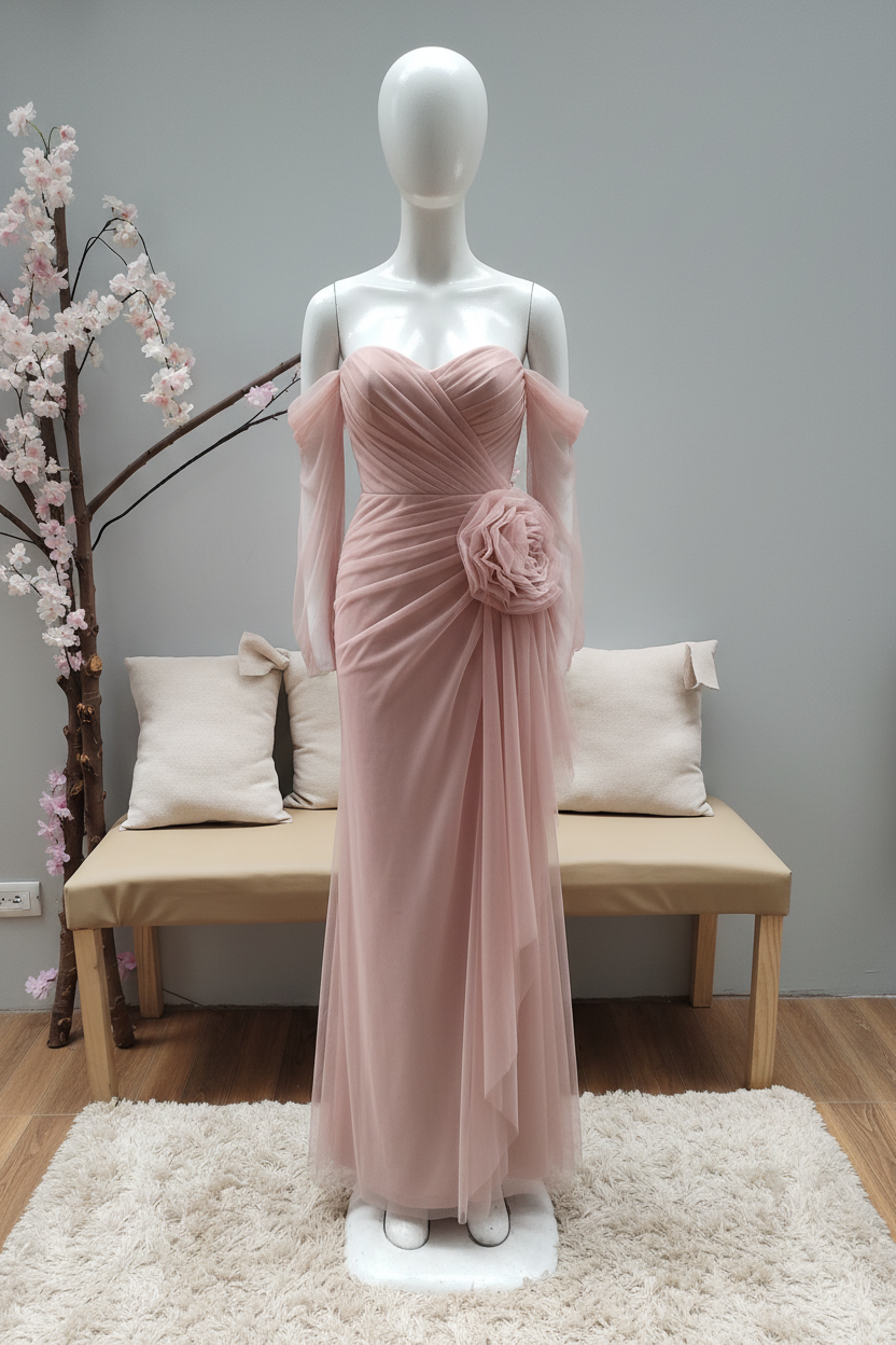 Vestido Rosa Palo Off-Shoulder con Rosa D V362