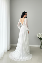Vestido Novia Blanco Encaje Mangas Obispo con Perlas cod.V0026