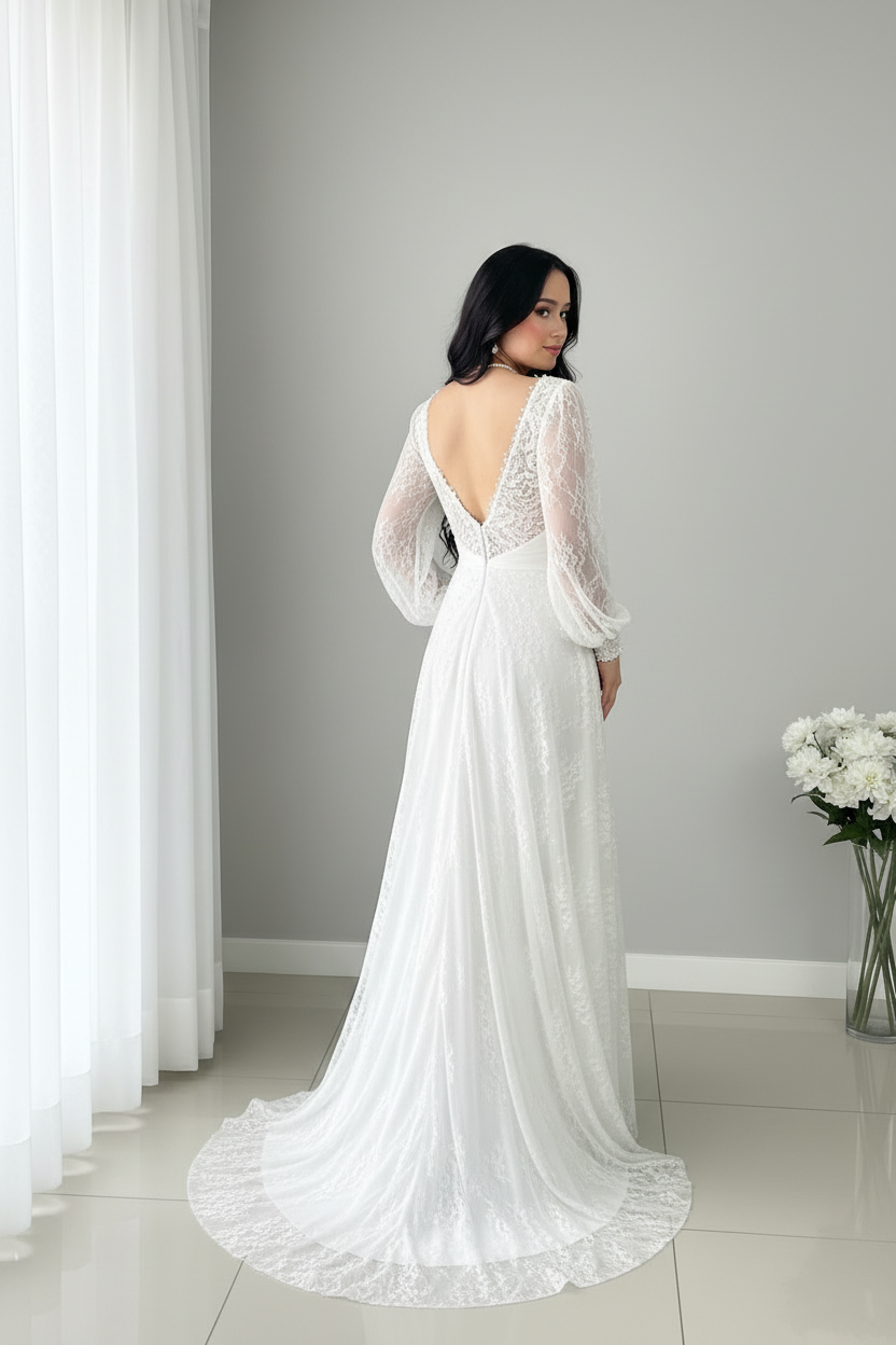 Vestido Novia Blanco Encaje Mangas Obispo con Perlas cod.V0026