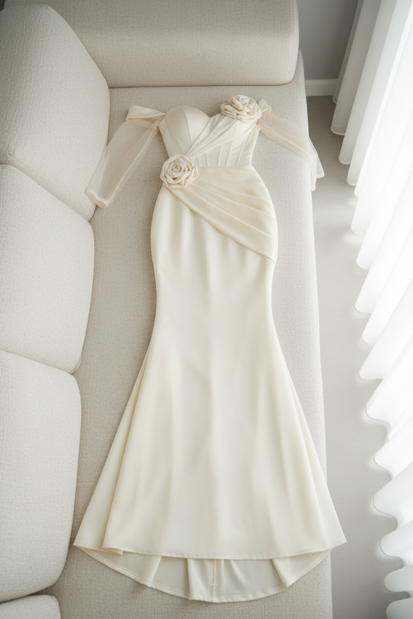 Vestido Marfil Manga Tul Asimétrica Dos Rosas D cod.V425