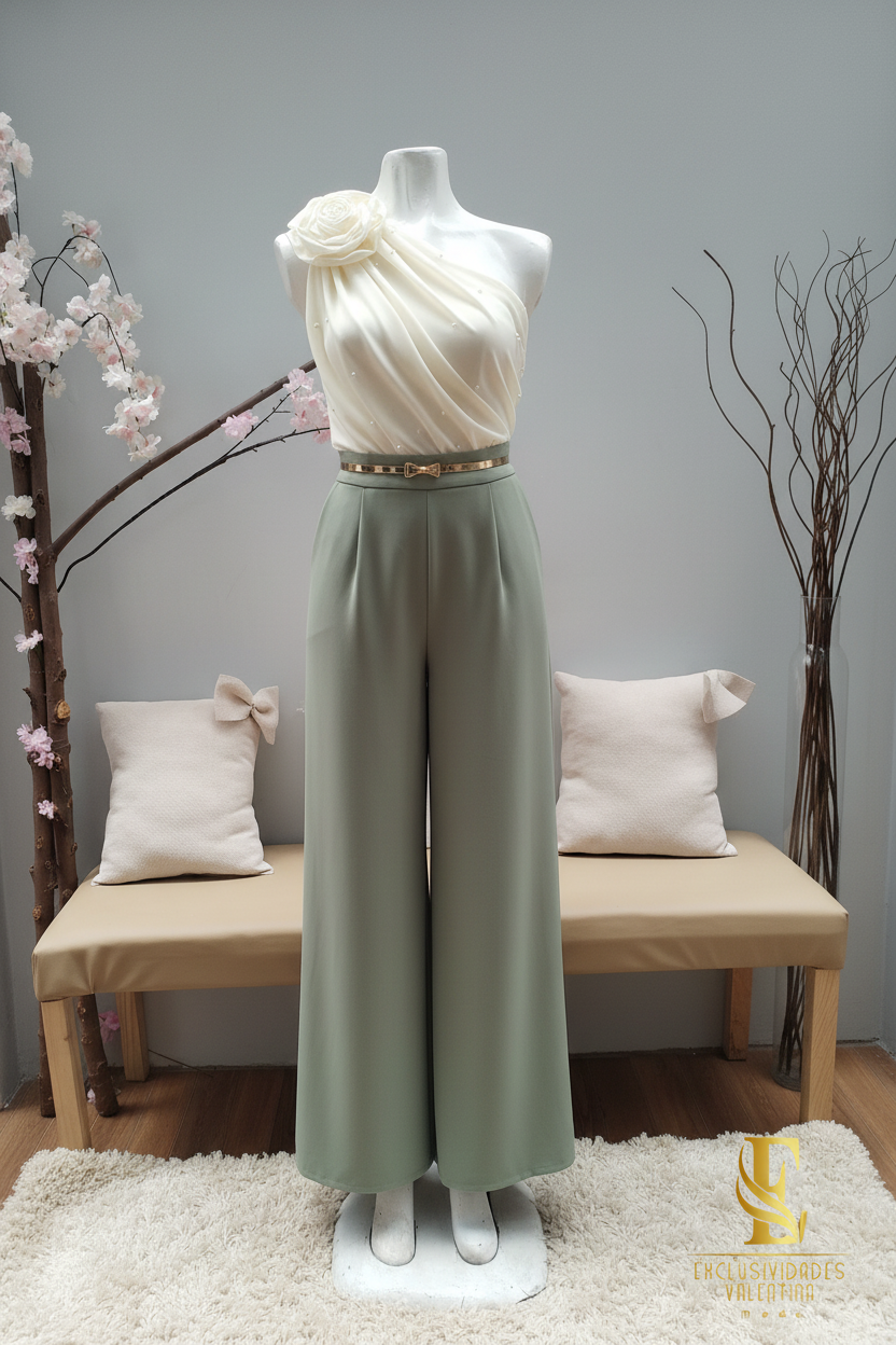 Conjunto Blusa Crema One-Shoulder con Palazzo Verde Salvia cod.C347