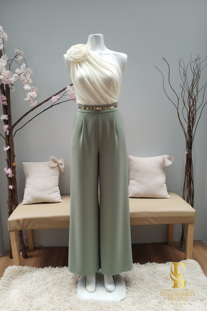 Conjunto Blusa Crema One-Shoulder con Palazzo Verde Salvia cod.C347