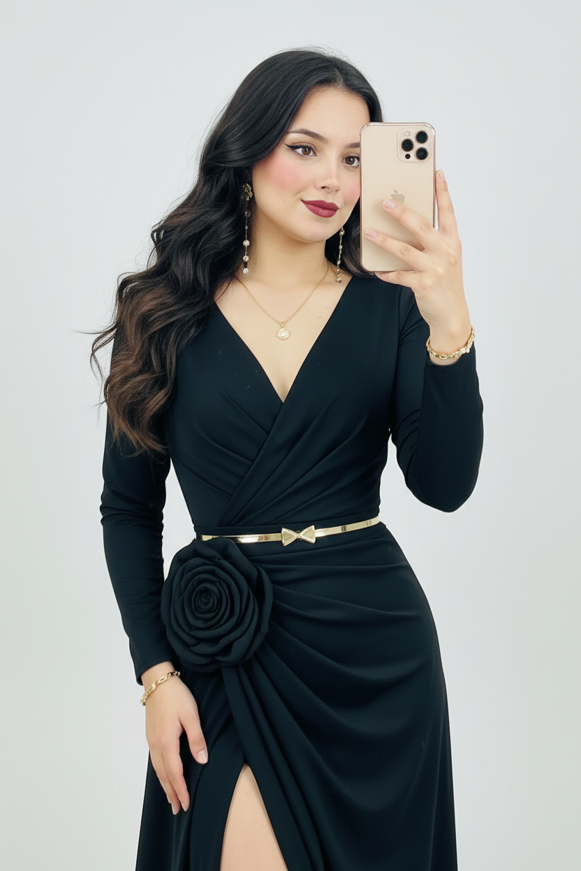 Vestido Negro Rosa 3D Dorado cod.V307