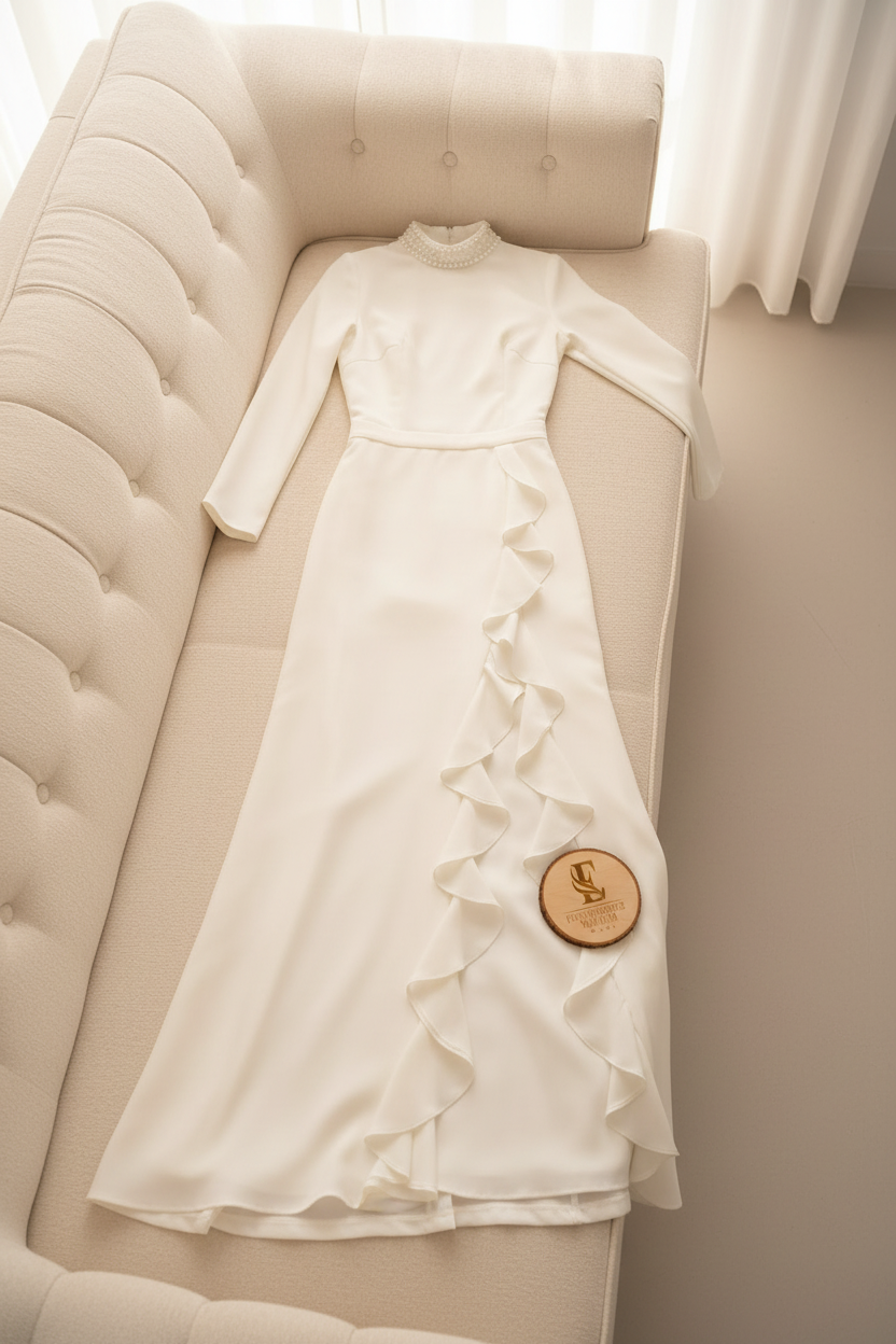 Vestido Blanco Marfil Cuello Alto Perlas Manga Larga Abertura Ruffle cod.828
