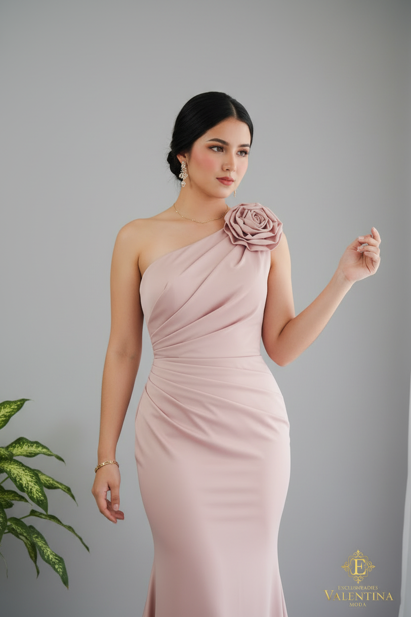 Vestido Rosa Palo Un Hombro Rosa 3D Sirena cod.923