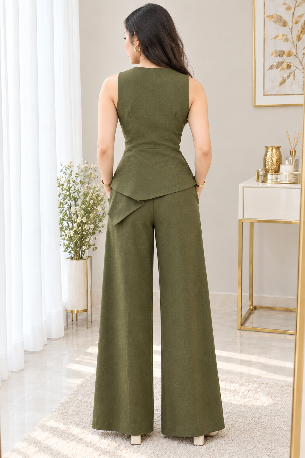 Conjunto Verde Oliva Top Cruzado Rosa 3D y Palazzo cod.CJ005