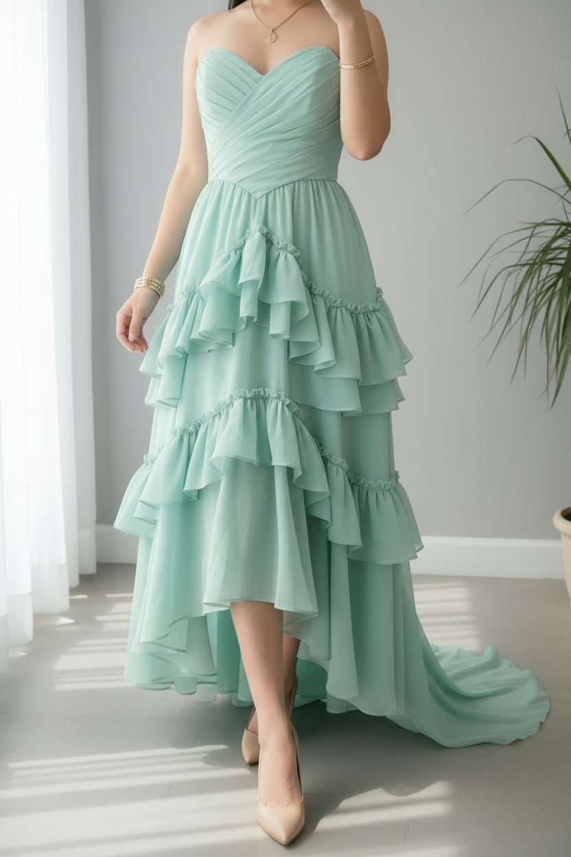 Vestido Verde Menta Strapless Corset Drapeado Cruzado y Falda Volantes en Capas cod.771
