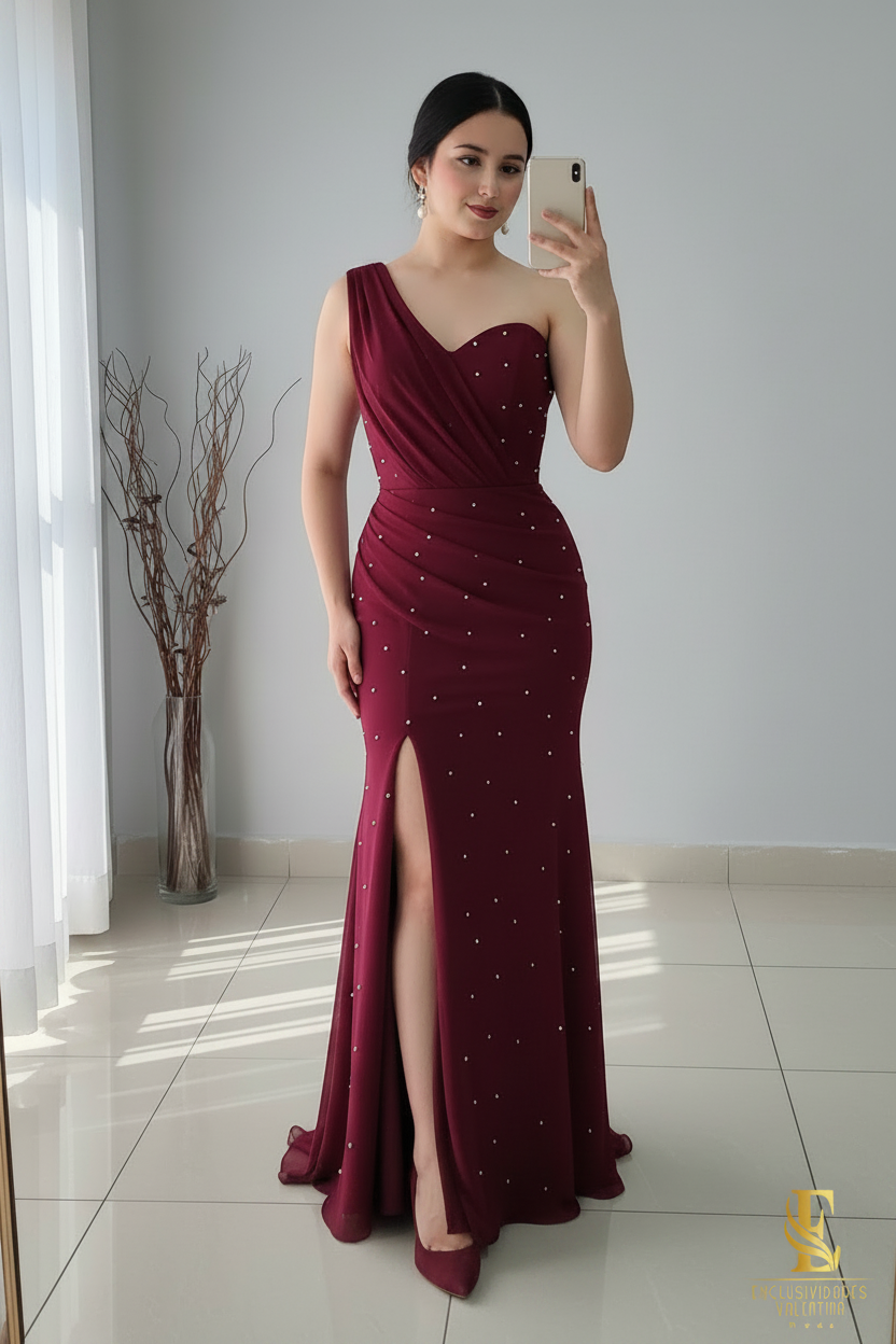 Vestido Vino Sirena Un Hombro Perlas Abertura V331