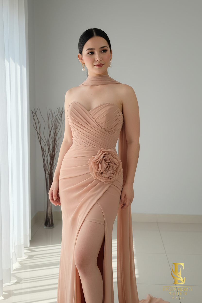 Vestido Nude Strapless Sirena con Flor 3D y Capa Chifón cod.V351