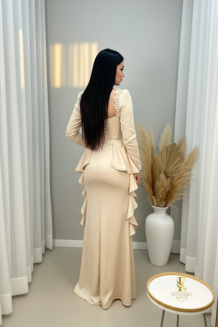 Vestido Champagne Satinado Corset Flores D cod.00170