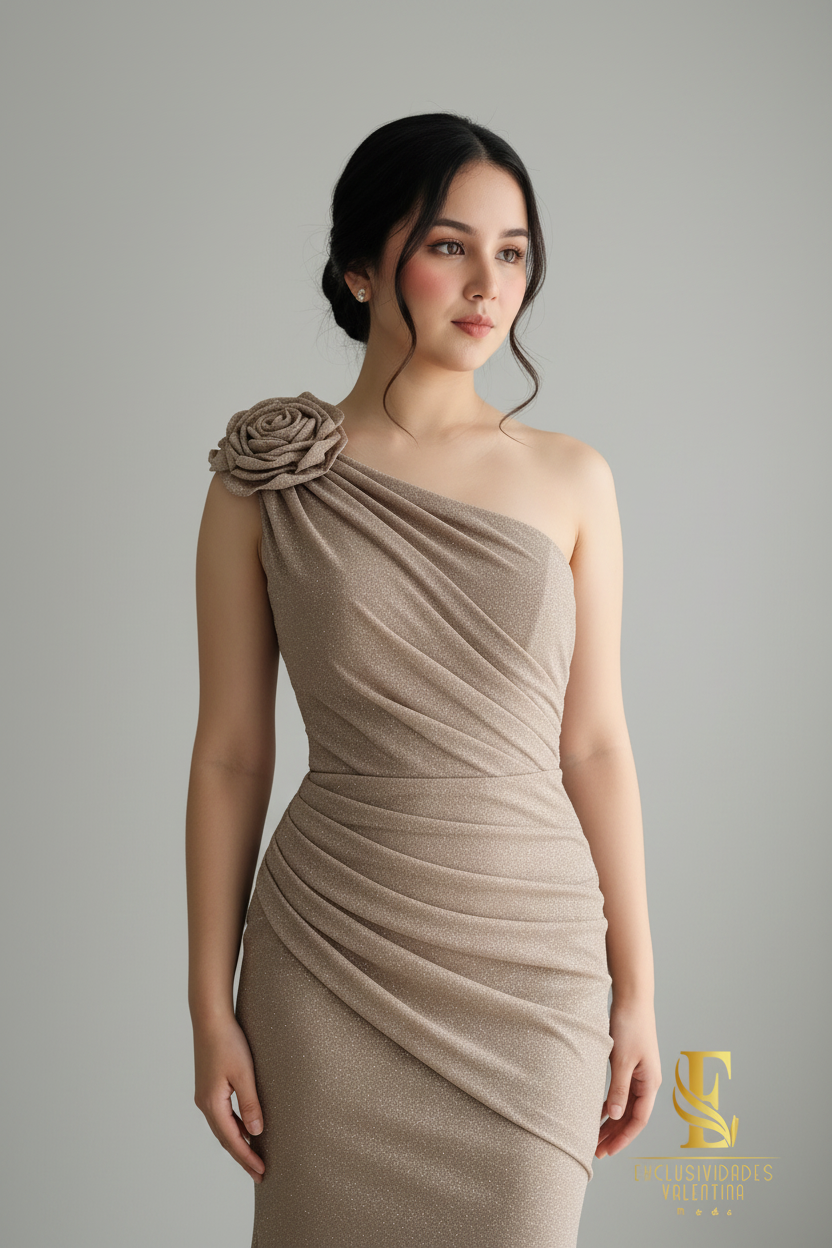 Vestido Sirena Taupe Dorado Un Hombro con Rosa Espiral cod.V254