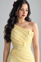 Vestido Amarillo Pastel Tul Drapeado Perlas Mariposas 3D Lazo cod.V0041