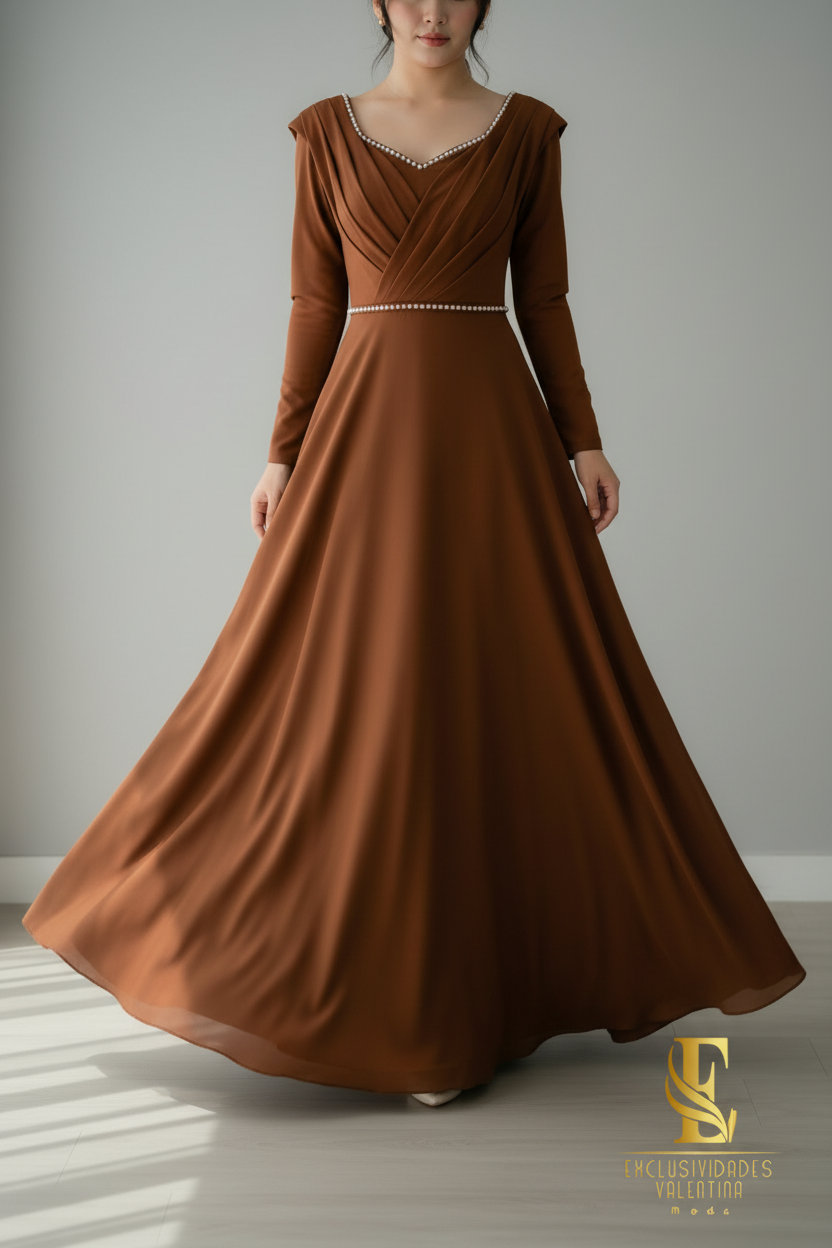 Vestido Largo Terracota con Cuerpo Cruzado y Cinturón de Perlas cod.V239